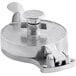 A white cast aluminum Choice hamburger press with a metal handle.