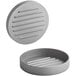 A grey circular Choice hamburger press with lines on it.