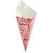 A white paper cone with red text that reads "Savory Fries"