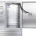 A Traulsen stainless steel metal cabinet with a right hinged door open.