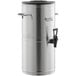 A silver metal container with a black handle.