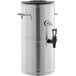 A silver metal container with a black lid and handle.