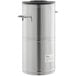 A silver metal container with a black lid.
