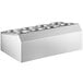 A stainless steel flatware organizer with eight holes.