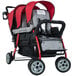 A red and black Foundations Trio Sport stroller with two seats and canopies.