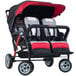 A red and black Foundations Quad Sport stroller with two seats under red and black canopies.
