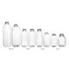 A row of clear 32 oz. tall square PET juice bottles.