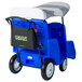 A blue and white stroller with a black bag on the back.