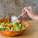 A person using a Cambro clear plastic ladle to pour dressing on a bowl of salad.