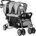 A gray and black Foundations Trio Sport stroller with three seats, canopies, and storage basket.