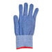 A blue Mercer Culinary Millennia Fit cut-resistant glove with a red band.