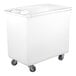 A white plastic container with wheels and a sliding lid.