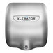 A stainless steel XLERATOR hand dryer with a black and blue logo.