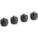 Four black plastic Lancaster Table & Seating M8 Thread self adjusting leveling table feet with screws.