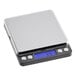 A compact digital portion control scale with a stainless steel platform and an LCD display.
