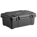 A black plastic food pan carrier with a lid.