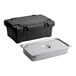 A black insulated food pan carrier and a full-size stainless steel food pan with a lid.