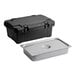 A black insulated food pan carrier and a full-size stainless steel food pan with a lid.