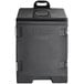 A black front loading CaterGator food pan carrier with a handle.