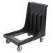A black plastic Cambro Camdolly with wheels.