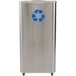 A stainless steel rectangular recycling container with a blue recycle symbol on the front.