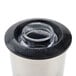 A close up of a stainless steel Hamilton Beach blender container with a lid.