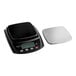 A compact digital portion control scale with a removable stainless steel platform.