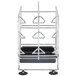 A stainless steel rack with six compartments on it and a black tray.