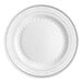 A close up of a white WNA Comet plastic plate with a silver circular pattern around the rim.