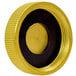 A Vectorfog brass fuel tank cap with black center and yellow lettering.
