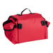 A red trauma first aid kit bag with a top handle and side pockets.