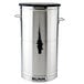 A silver metal Bunn 4 gallon iced tea dispenser with a black lid and handle.