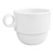 A white stackable porcelain mug with a round handle.