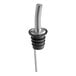 A Carlisle chrome-plated liquor pourer with a metal stem and black stopper screen.