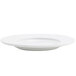 A close up of a Front of the House Monaco white porcelain plate with a wide rim.