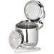 A silver stainless steel Carlisle ice bucket with a lid and tongs.