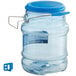 A clear plastic container with a blue lid and a blue handle.