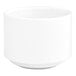 A bright white, round, stackable porcelain ramekin with a 6 oz. capacity.