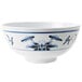 A white GET Water Lily melamine bowl with blue and white design.