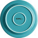 A Caribbean turquoise stoneware plate with a white border and the word "Acopa" in black.