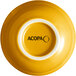 An Acopa mango orange stoneware bouillon with black text on the inside.
