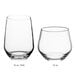 Two Acopa Radiance stemless wine glasses on a white background. Each glass has measurements on it.
