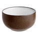 A round stoneware bowl with a matte hickory brown exterior and a white interior.