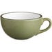 A moss green matte stoneware cup with a handle and a white interior.