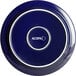 An Acopa Capri deep sea cobalt stoneware plate with white text on it.