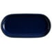 An Acopa Azora Blue stoneware oblong coupe platter with a black rim.