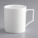 An Acopa Liana bright white porcelain mug with embossed lines and a handle.