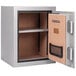 The open door of a gray Barska fireproof biometric security safe.