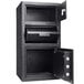 A black metal Barska locker depository safe with independent top storage door open.