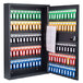 A black Barska steel key cabinet with many keys and tags inside.